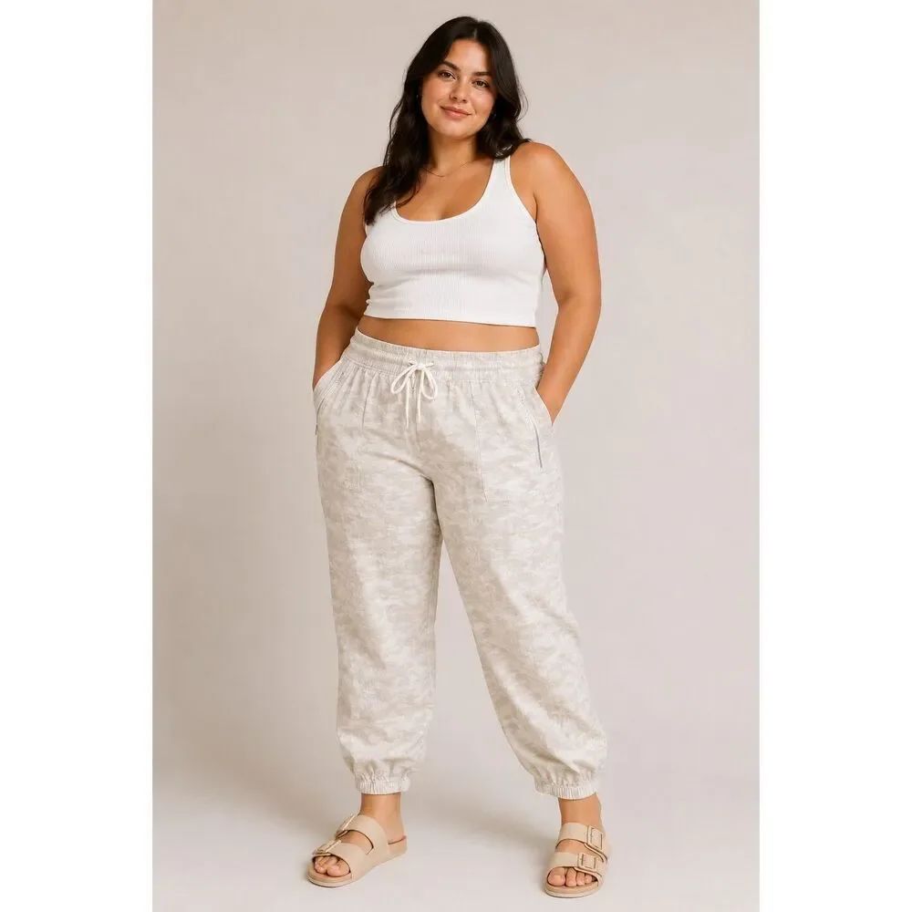 Athleta Womens Beige Camo High Waisted Cabo Linen Jogger Pants Size 18